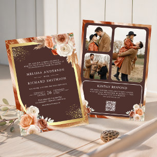 Terracotta Floral Espresso Brown QR Code Wedding Invitation