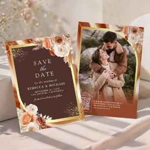 Terracotta Floral Espresso Brown QR Code Wedding Save The Date