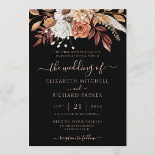 Terracotta Floral Fall Foliage Moody Black Wedding Invitation