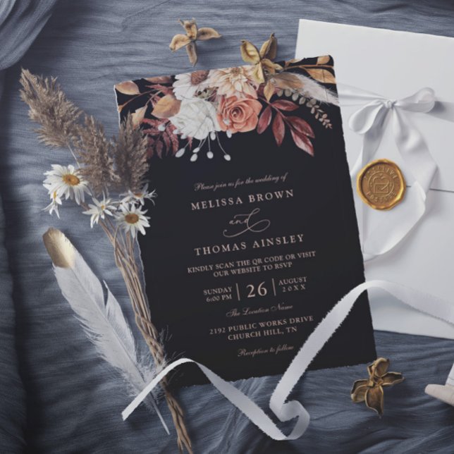 Terracotta Floral Fall Foliage QR Code Wedding Invitation (Creator Uploaded)