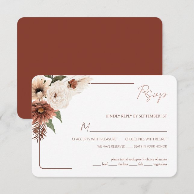 Terracotta Floral Fall Modern with Meal Choice RSVP Card (Front/Back)