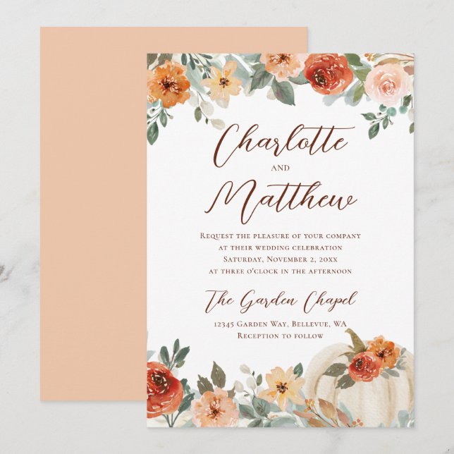 Terracotta Floral Fall Pumpkin Wedding Invitation (Front/Back)