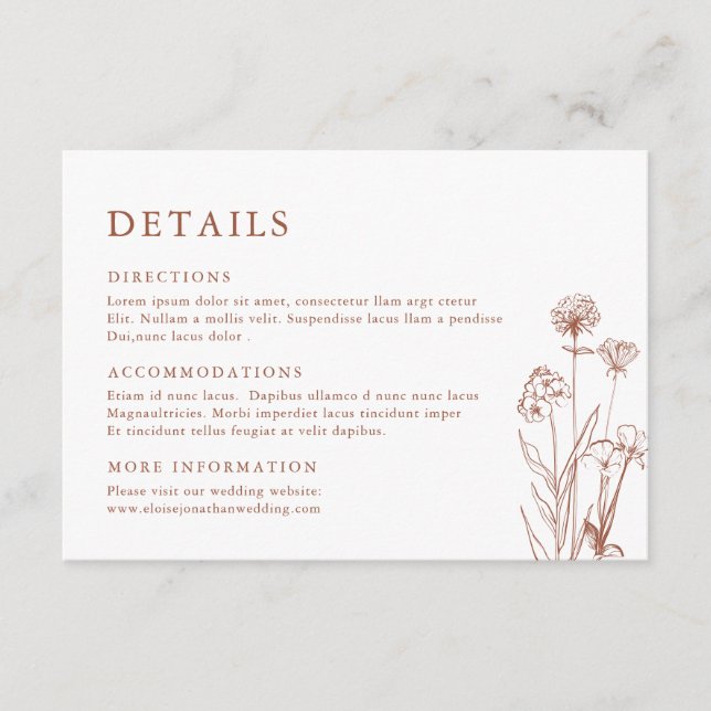 Terracotta Floral  Fall Wildflower Wedding Details Enclosure Card (Front)