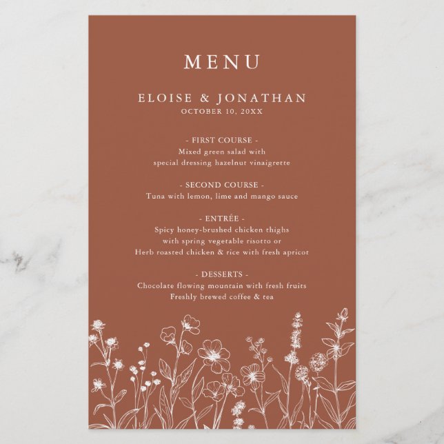 Terracotta Floral Fall Wildflower Wedding Menu (Front)