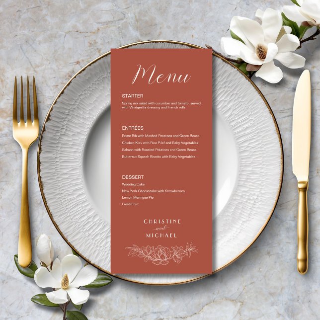 Terracotta Floral Formal Elegant Wedding Menu (Terracotta Floral Formal Elegant Wedding Menu with courses, menu options, couple names, magnolia.)