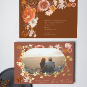 Terracotta Floral Frame Photo Save The Date Gold