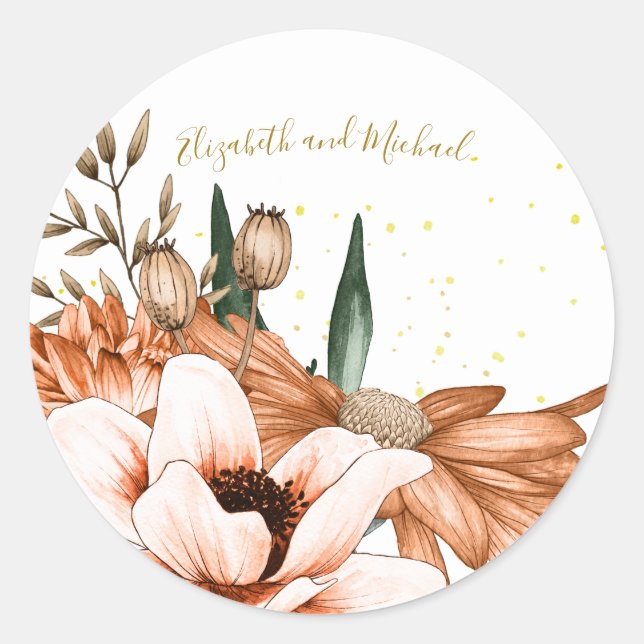  Terracotta Floral Gold Elegant Chic Wedding  Classic Round Sticker (Front)
