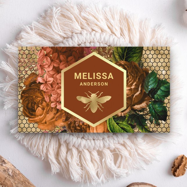 Terracotta Floral Gold Foil Honeycomb Honey Bee Business Card (Creator Uploaded)