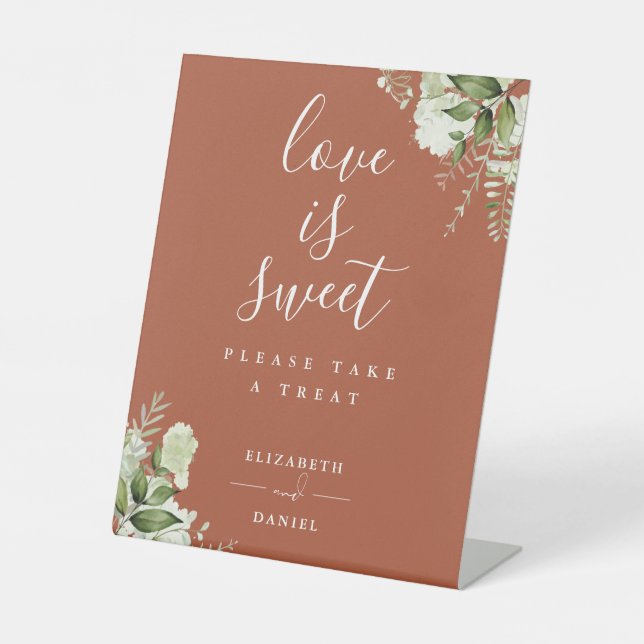 Terracotta Floral Greenery Love Is Sweet Favour Pedestal Sign (Front)