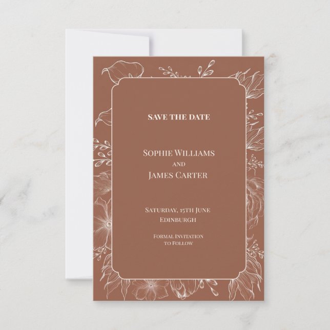 Terracotta Floral Line Art Wedding Save The Date (Front)
