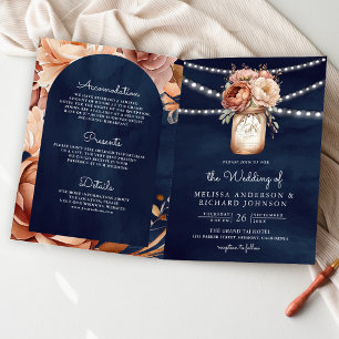 Terracotta Floral Mason Jar Navy QR Code Wedding Invitation