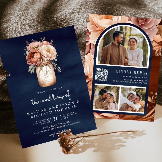 Terracotta Floral Mason Jar Navy QR Code Wedding Invitation (Creator Uploaded)