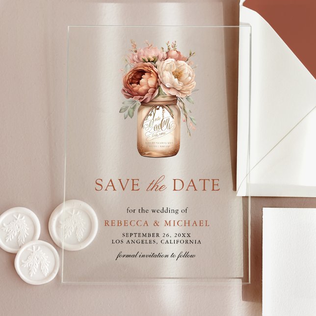 Terracotta Floral Mason Jar Wedding Save the Date Acrylic Invitations (Creator Uploaded)