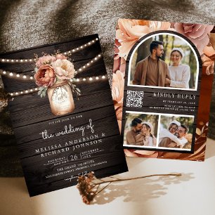 Terracotta Floral Mason Jar Wood QR Code Wedding Invitation