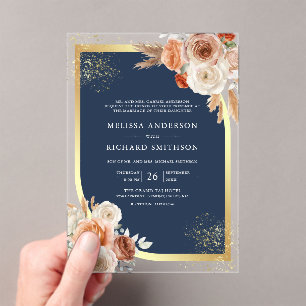 Terracotta Floral Navy Blue Gold Wedding Acrylic Invitations