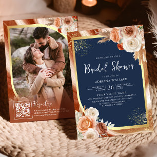 Terracotta Floral Navy Blue QR Code Bridal Shower Invitation