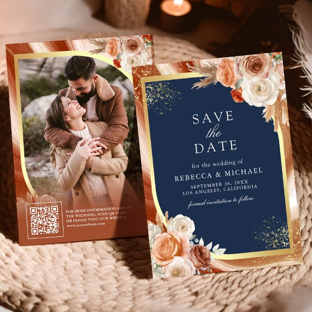 Terracotta Floral Navy Blue QR Code Photo Wedding Save The Date (Creator Uploaded)