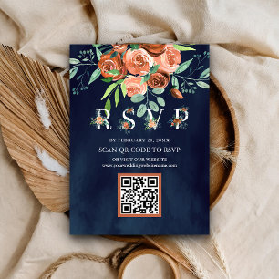 Terracotta Floral Navy Blue QR Code RSVP Wedding Enclosure Card