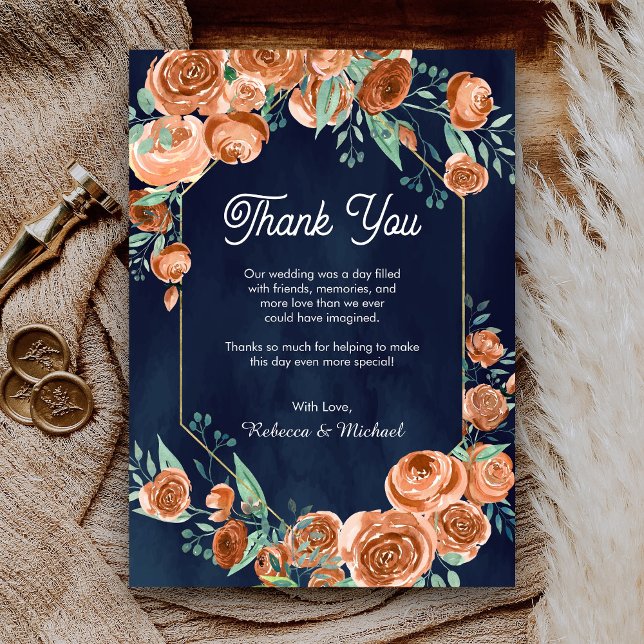 Terracotta Floral Navy Blue Wedding Thank You Card (Creator Uploaded)