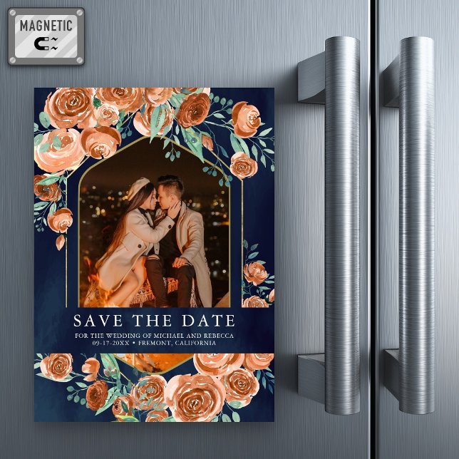 Terracotta Floral Navy Photo Wedding Save the Date Magnetic Invitation (Creator Uploaded)