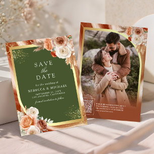Terracotta Floral Olive Green QR Code Wedding Save The Date