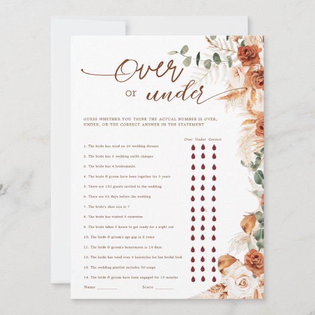 Terracotta Floral Over or Under Bridal Shower Game (Front)