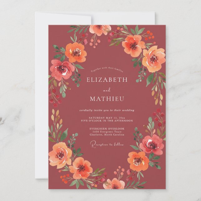 Terracotta Floral Painterly Wedding Invitation (Front)