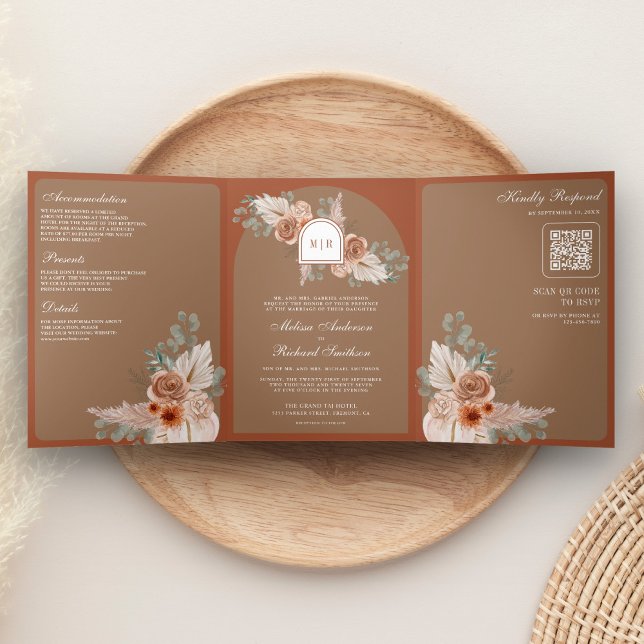 Terracotta Floral Pampas Beige Tan QR Code Wedding Tri-Fold Invitation (Creator Uploaded)