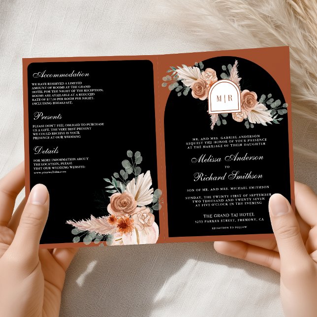 Terracotta Floral Pampas Black QR Code Wedding Invitation (Creator Uploaded)