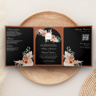 Terracotta Floral Pampas Black QR Code Wedding Tri-Fold Invitation