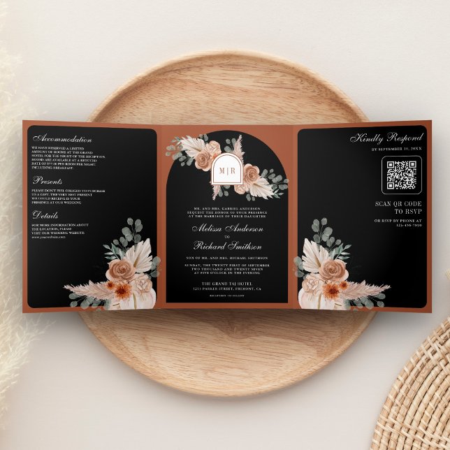 Terracotta Floral Pampas Black QR Code Wedding Tri-Fold Invitation (Creator Uploaded)