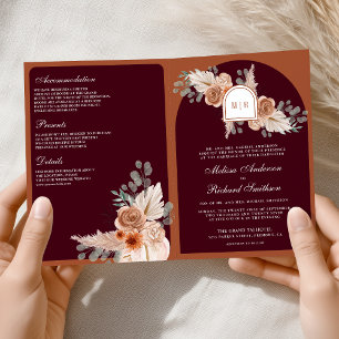 Terracotta Floral Pampas Burgundy QR Code Wedding Invitation