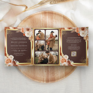 Terracotta Floral Pampas Espresso Brown Wedding Tri-Fold Invitation