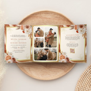 Terracotta Floral Pampas Gold All in One Wedding Tri-Fold Invitation
