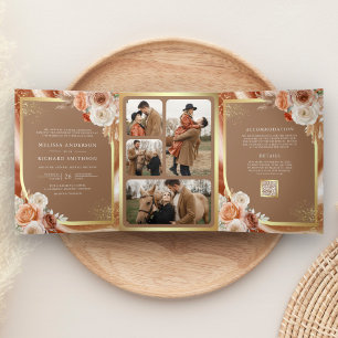 Terracotta Floral Pampas Gold Beige Wedding Tri-Fold Invitation