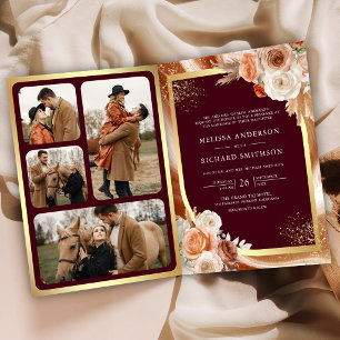 Terracotta Floral Pampas Gold Burgundy Wedding Invitation