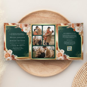 Terracotta Floral Pampas Gold Emerald Wedding Tri-Fold Invitation