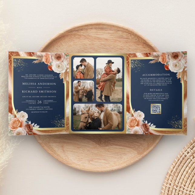 Terracotta Floral Pampas Gold Navy Blue Wedding Tri-Fold Invitation (Creator Uploaded)
