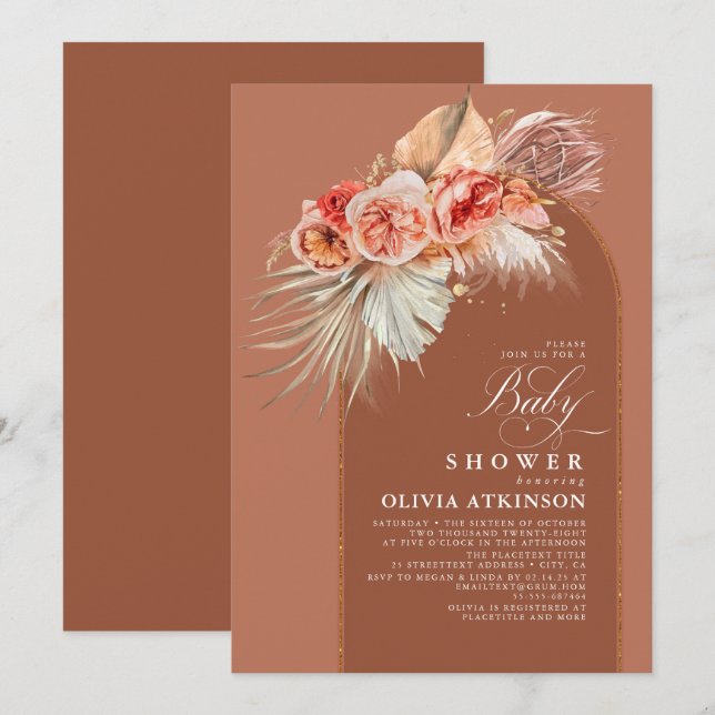 Terracotta Floral Pampas Grass Boho Baby Shower Invitation (Front/Back)