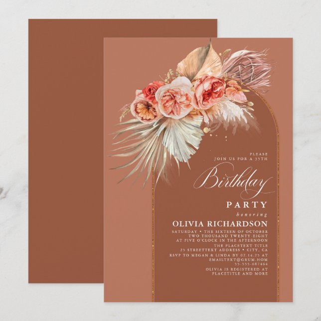 Terracotta Floral Pampas Grass Boho Birthday Party Invitation (Front/Back)