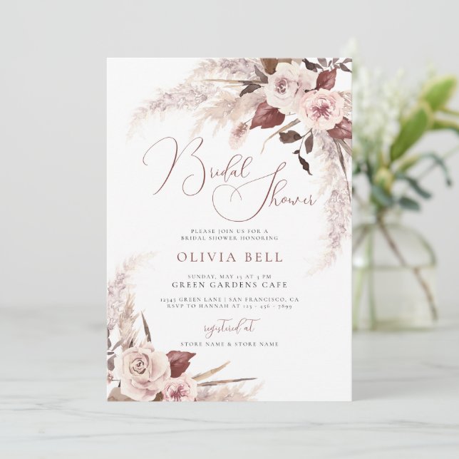 Terracotta Floral Pampas Grass Boho Bridal Shower Invitation (Standing Front)
