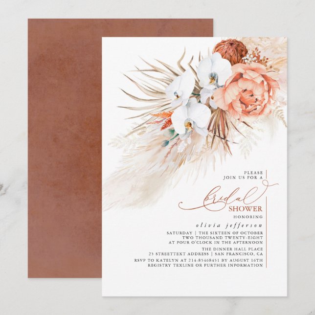 Terracotta Floral Pampas Grass Bridal Shower Invit Invitation (Front/Back)