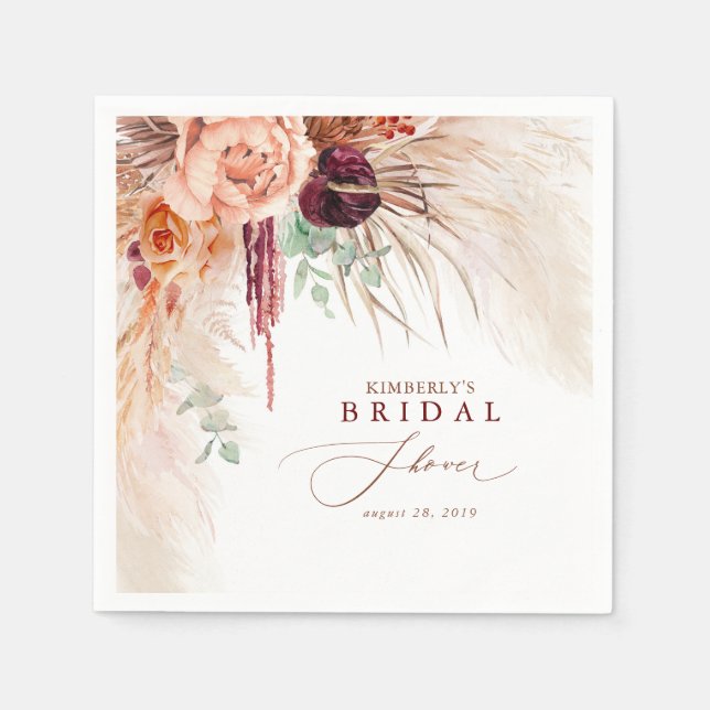 Terracotta Floral Pampas Grass Bridal Shower Napkin (Front)