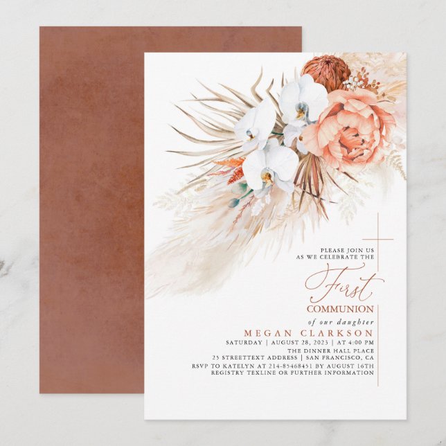 Terracotta Floral Pampas Grass First Communion Invitation (Front/Back)