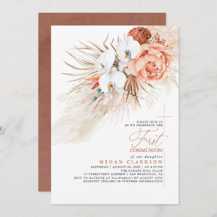 Terracotta Floral Pampas Grass First Communion Invitation
