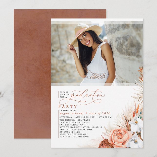 Terracotta Floral Pampas Grass Graduation Photo Invitation (Front/Back)