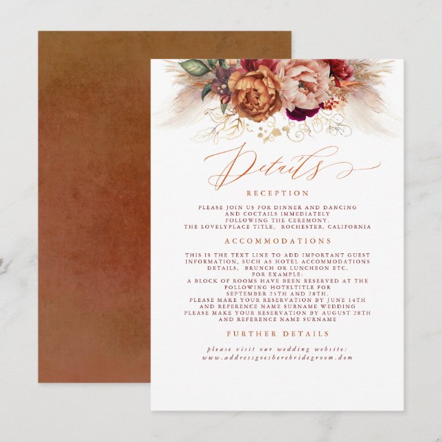 Terracotta Floral Pampas Grass Wedding Details Enclosure Card (Front/Back)