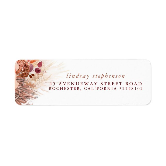 Terracotta Floral Pampas Grass Wedding Label (Front)