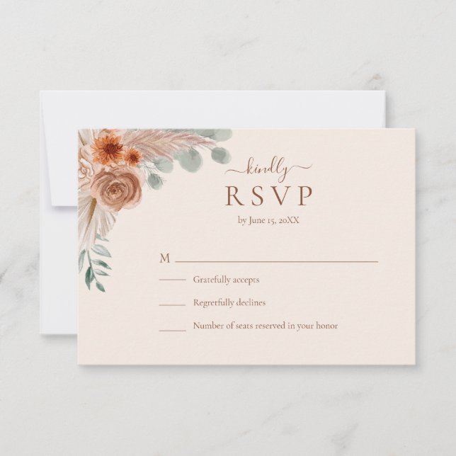 Terracotta Floral Pampas Grass Wedding RSVP Card (Front)