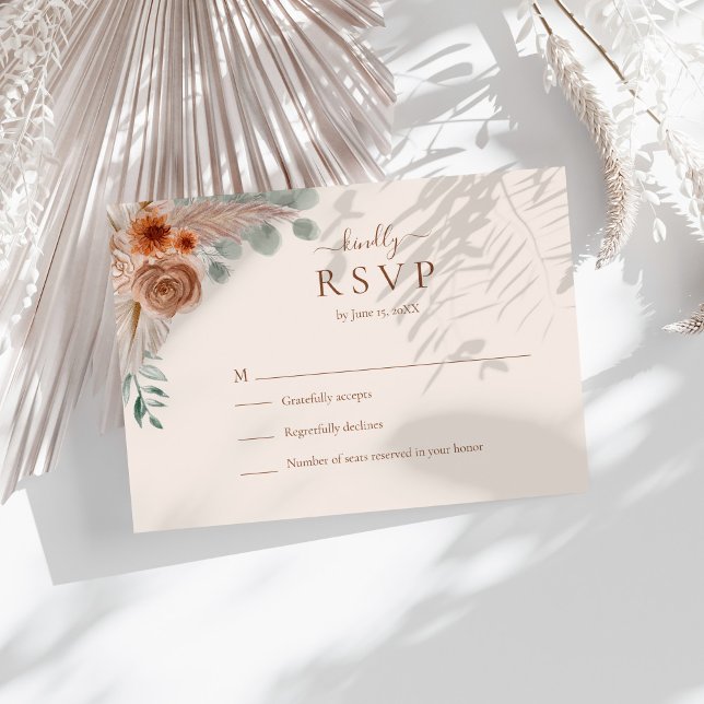Terracotta Floral Pampas Grass Wedding RSVP Card (Terracotta Floral Pampas Grass Wedding RSVP Card on a sunny table with white boho dry botanicals.)